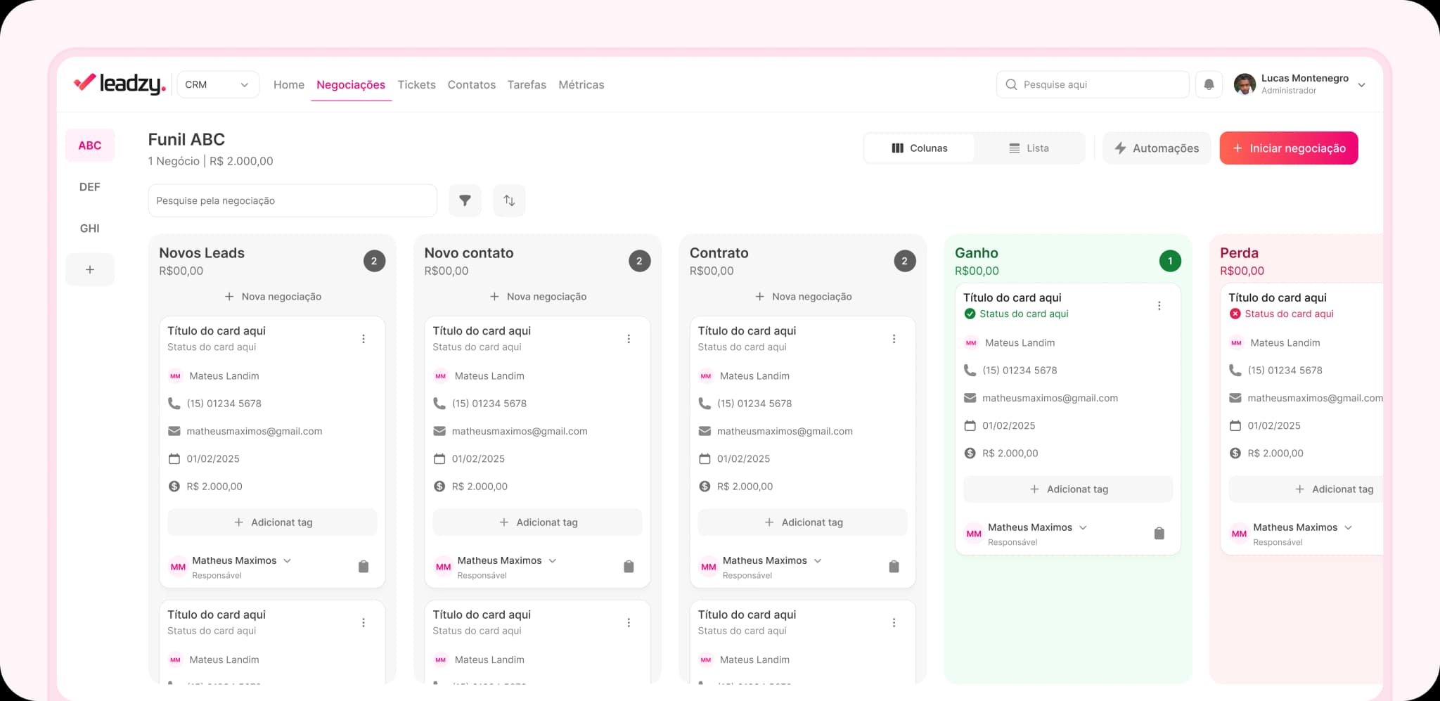 LeadzyCRM - Interface de gestão de leads e funis de vendas